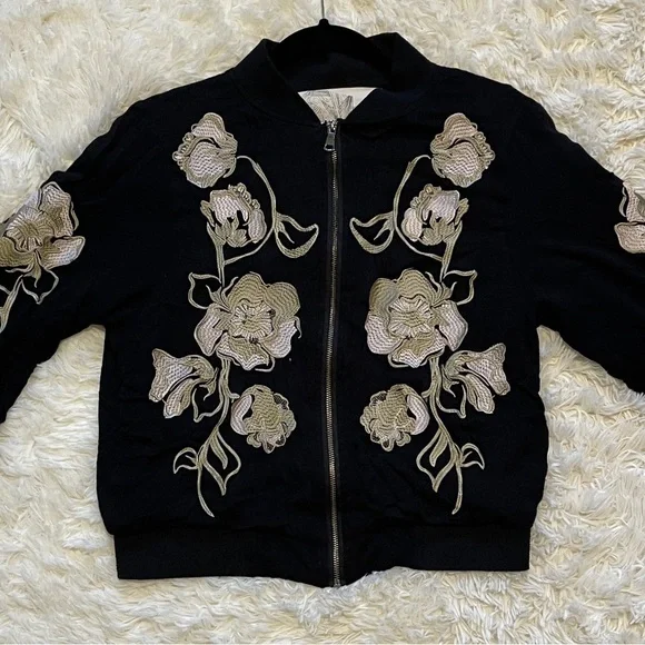 Kimchi Black Gold Floral Bomber Jacket Embroidered Boho Indie Asian Medium -Read - Picture 7 of 11